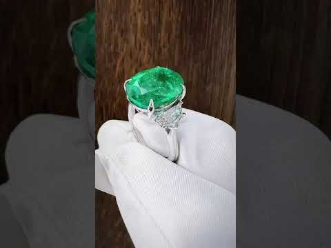 Natural Green Emerald with Shield Cut Diamond 3 Stone Ring, in White Gold