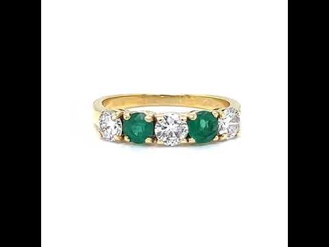 Natural Round Cut Emerald and Natural Mined Round Cut Diamond Five Stone Yellow Gold Ring