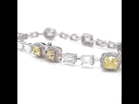 Natural Fancy Yellow Diamond with Emerald Cut Diamond Link Bracelet, in White Gold