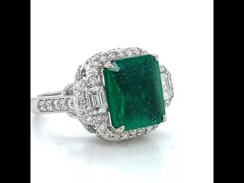 Natural Emerald Cut Green Emerald and Diamond 3 Stone Ring, in White Gold