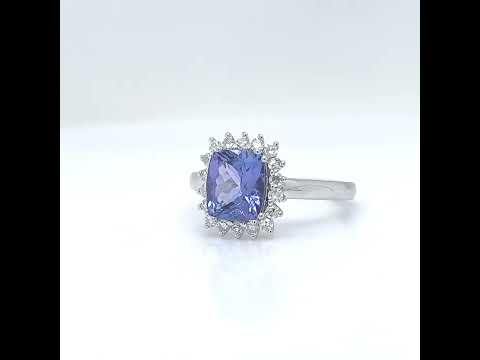 Natural Tanzanite and Diamond Halo Floral Ring, in White Gold
