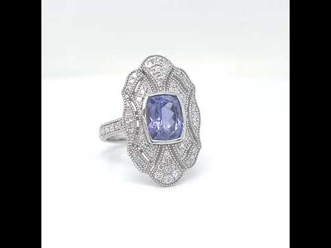 Natural Tanzanite and Diamond Cocktail Art Deco Ring, in White Gold
