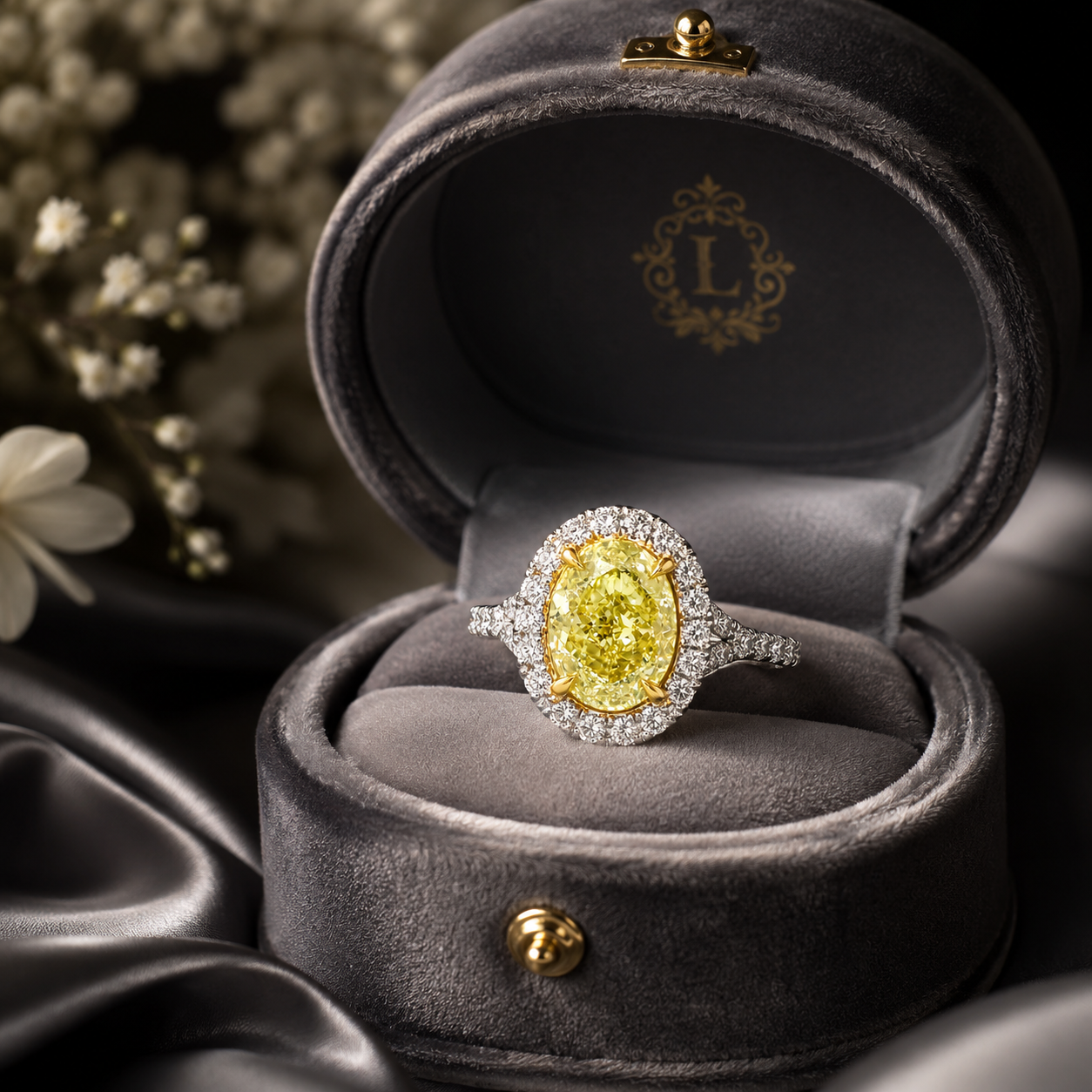 Natural Oval Fancy Light Yellow Diamond Halo Ring 18KT Yellow Gold