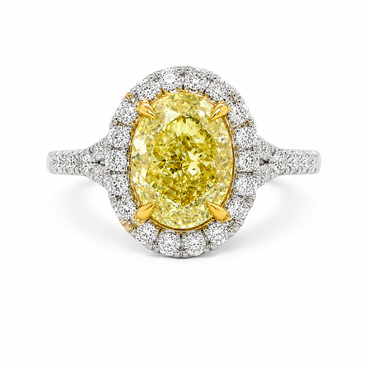 Natural Oval Fancy Light Yellow Diamond Halo Ring 18KT Yellow Gold