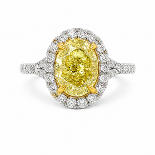 Natural Oval Fancy Light Yellow Diamond Halo Ring 18KT Yellow Gold