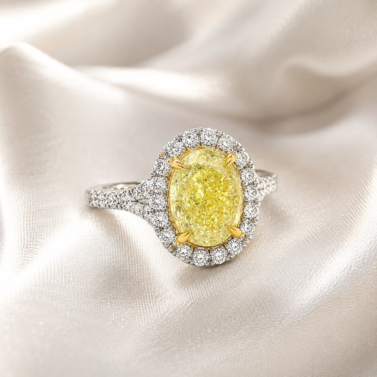 Natural Oval Fancy Light Yellow Diamond Halo Ring 18KT Yellow Gold