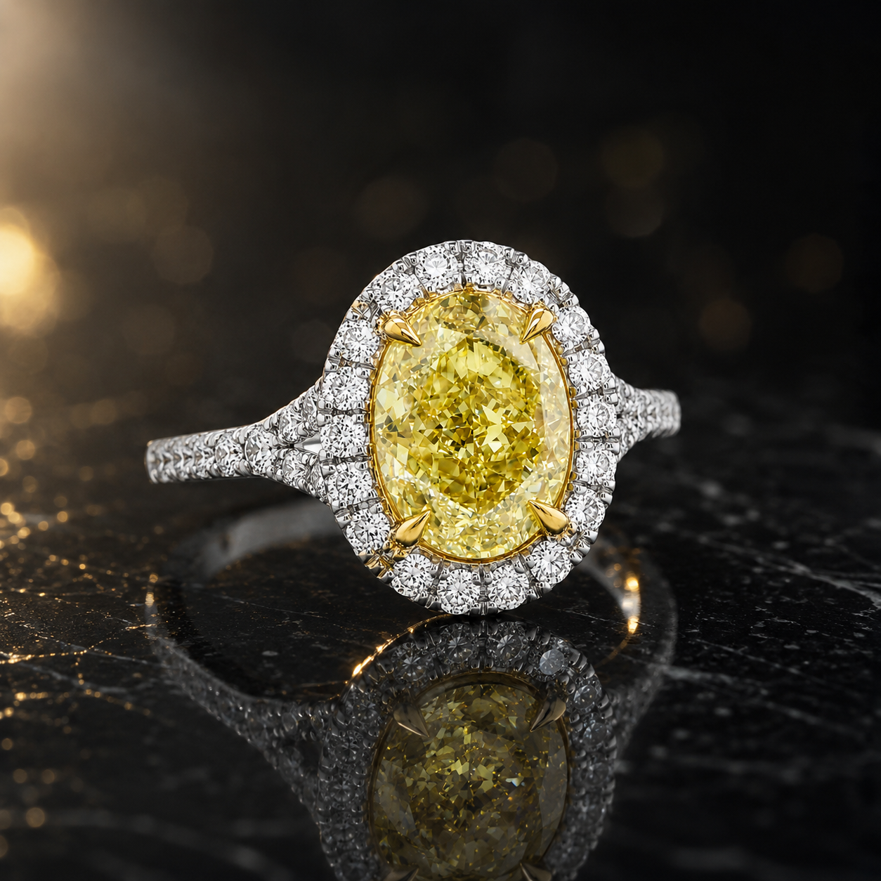 Natural Oval Fancy Light Yellow Diamond Halo Ring 18KT Yellow Gold