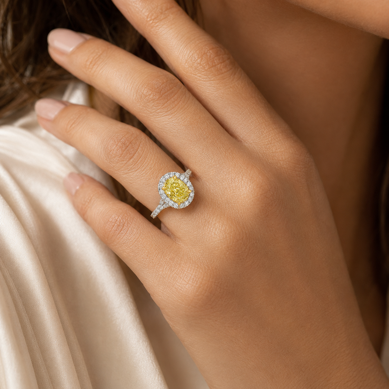 Natural Oval Fancy Light Yellow Diamond Halo Ring 18KT Yellow Gold