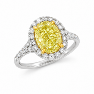 Natural Oval Fancy Light Yellow Diamond Halo Ring 18KT Yellow Gold