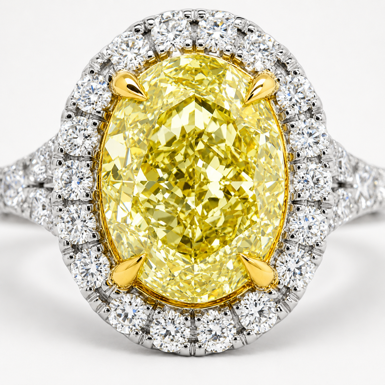 Natural Oval Fancy Light Yellow Diamond Halo Ring 18KT Yellow Gold