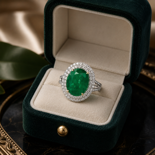 Natural Green Emerald Diamond Halo Cocktail Ring 18KT White Gold