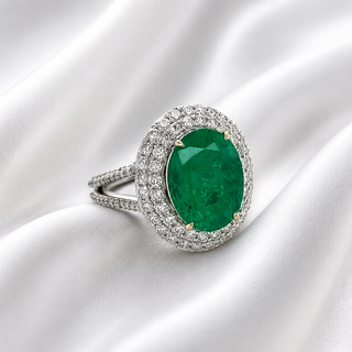 Natural Green Emerald Diamond Halo Cocktail Ring 18KT White Gold
