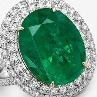 Natural Green Emerald Diamond Halo Cocktail Ring 18KT White Gold