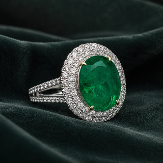 Natural Green Emerald Diamond Halo Cocktail Ring 18KT White Gold