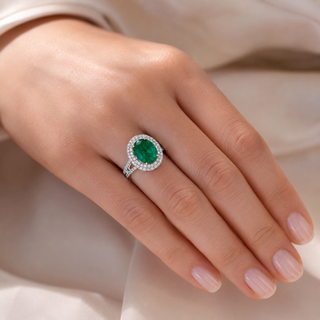 Natural Green Emerald Diamond Halo Cocktail Ring 18KT White Gold