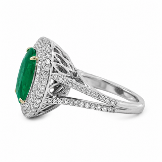 Natural Green Emerald Diamond Halo Cocktail Ring 18KT White Gold