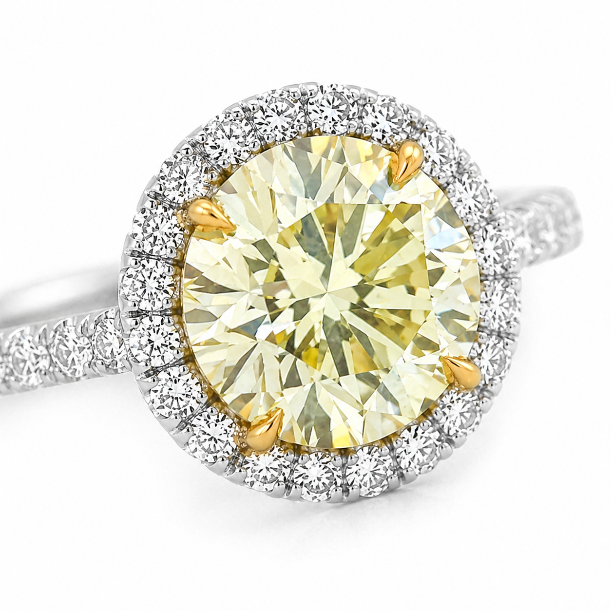 Natural Fancy Yellow Diamond Cocktail Art Deco Ring 18KT White Gold
