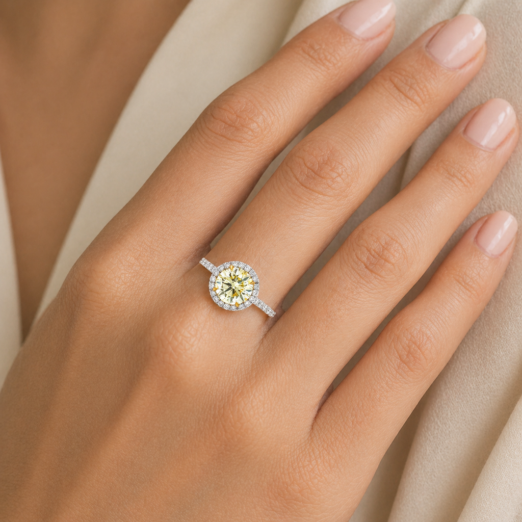 Natural Fancy Yellow Diamond Cocktail Art Deco Ring 18KT White Gold