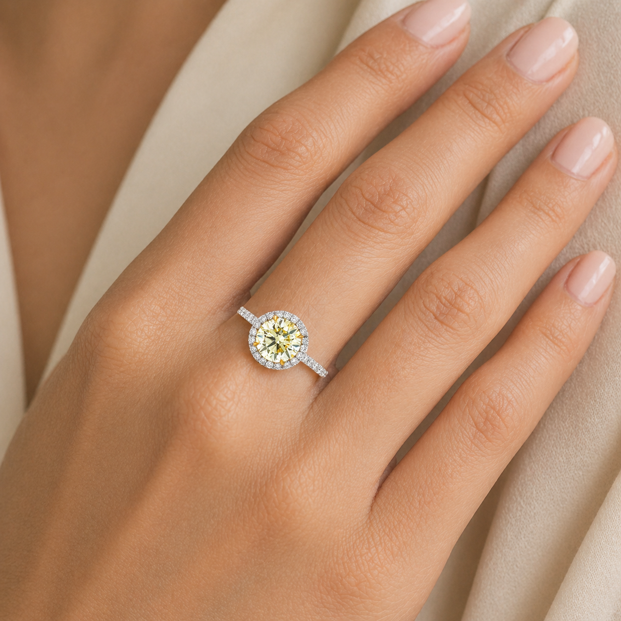 Natural Fancy Yellow Diamond Cocktail Art Deco Ring 18KT White Gold