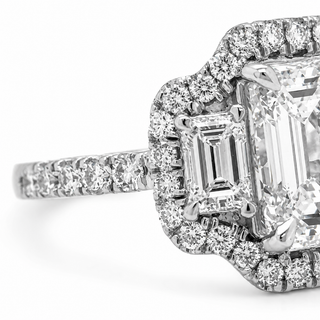Natural Emerald Cut Diamond 3 Stone Halo Ring 14KT White Gold