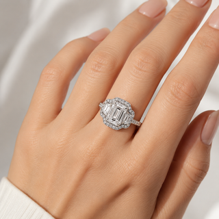 Natural Emerald Cut Diamond 3 Stone Halo Ring 14KT White Gold