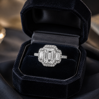 Natural Emerald Cut Diamond 3 Stone Halo Ring 14KT White Gold