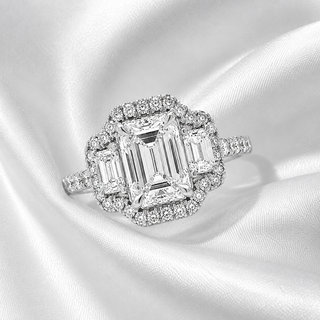 Natural Emerald Cut Diamond 3 Stone Halo Ring 14KT White Gold