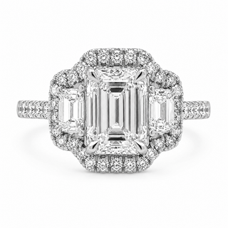 Natural Emerald Cut Diamond 3 Stone Halo Ring 14KT White Gold