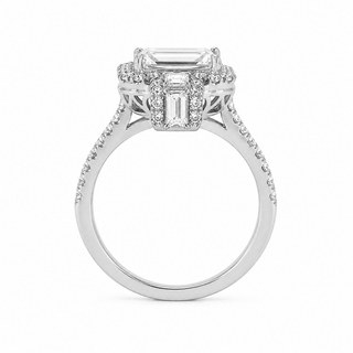 Natural Emerald Cut Diamond 3 Stone Halo Ring 14KT White Gold