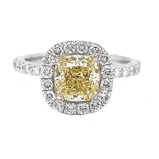 Natural Mined Cushion Cut Fancy Yellow Diamond Halo Ring White Gold Ring GIA