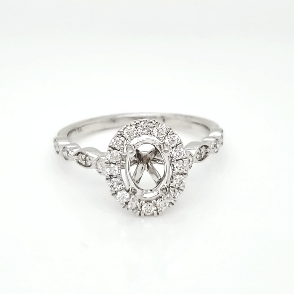 Semi-Mount Fits 7 x 5 mm with Natural Round Diamond Halo Ring, in White Gold