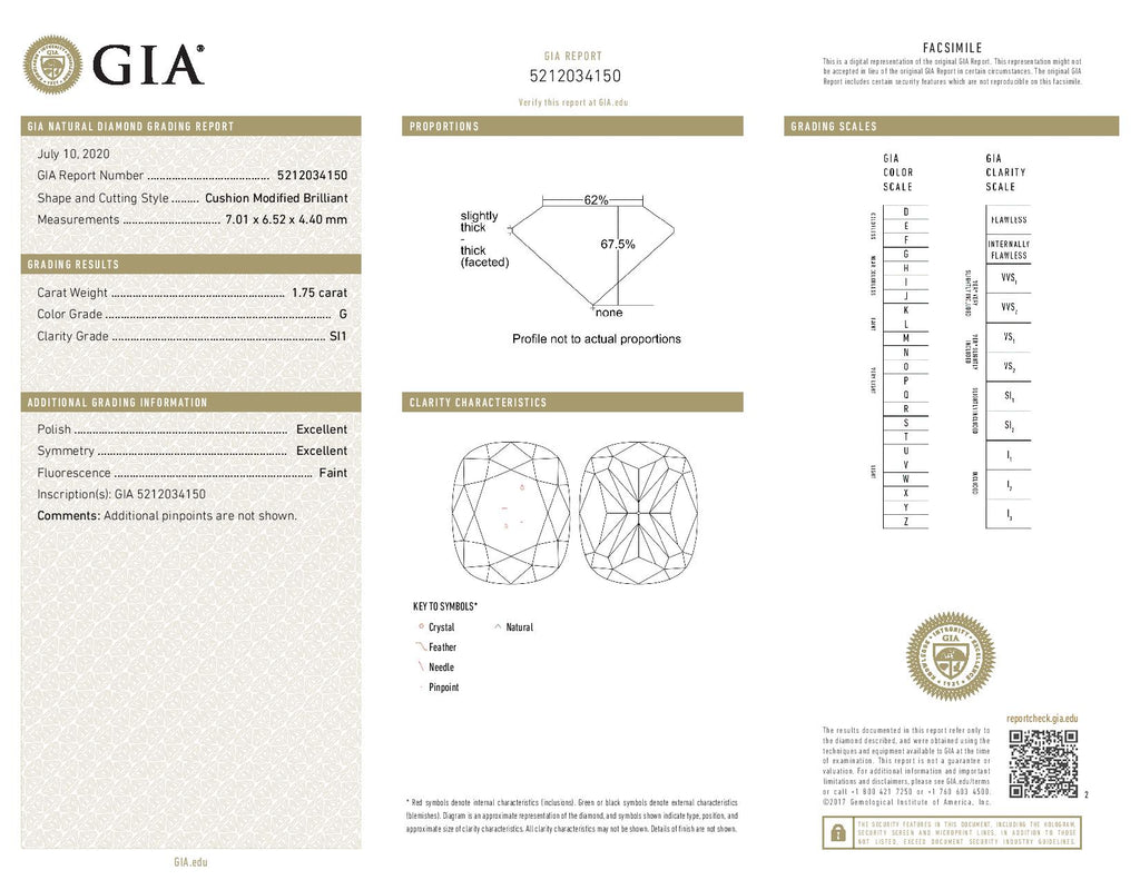 1.75 ct Diamond Cushion Cut G SI1 (GIA) 5212034150